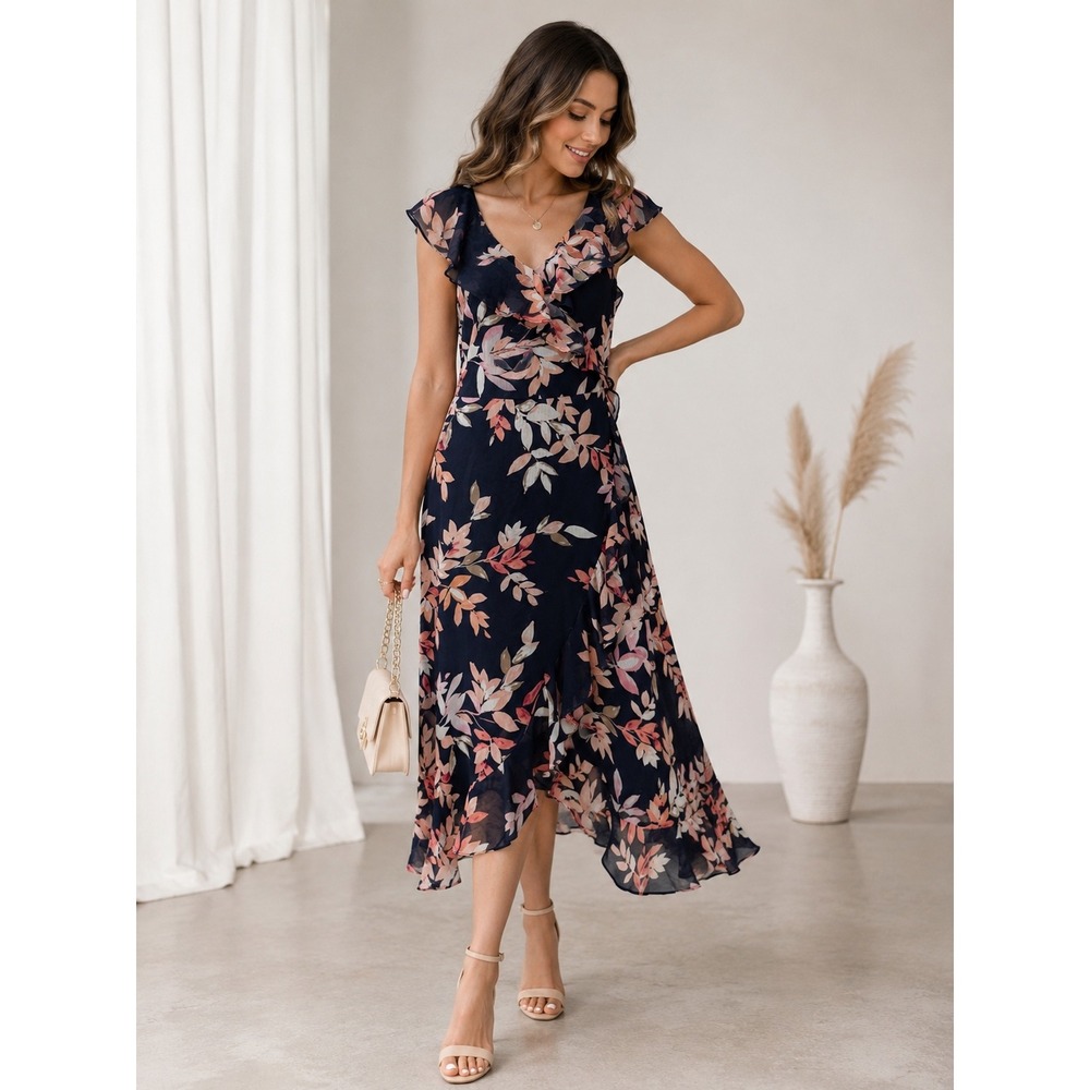 London Times Women's Navy Floral Ruffle Wrap Midi Dress NWOT Wedding Guest 12
